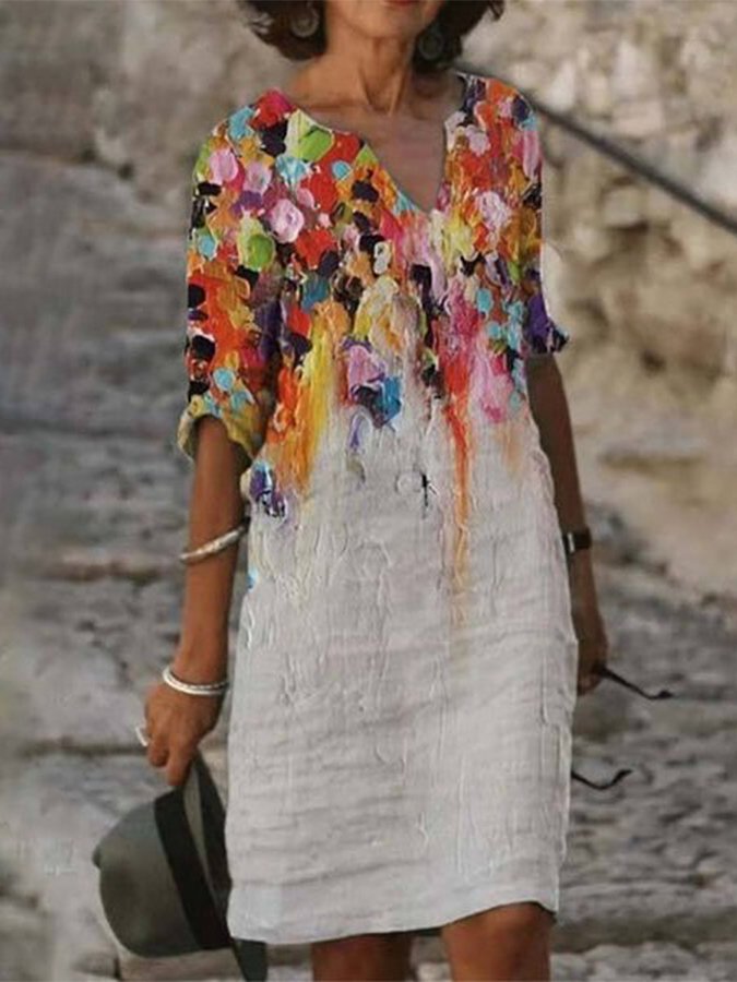 Női pamutvászon olajfestmény mintás V-nyakú műszakos ruha