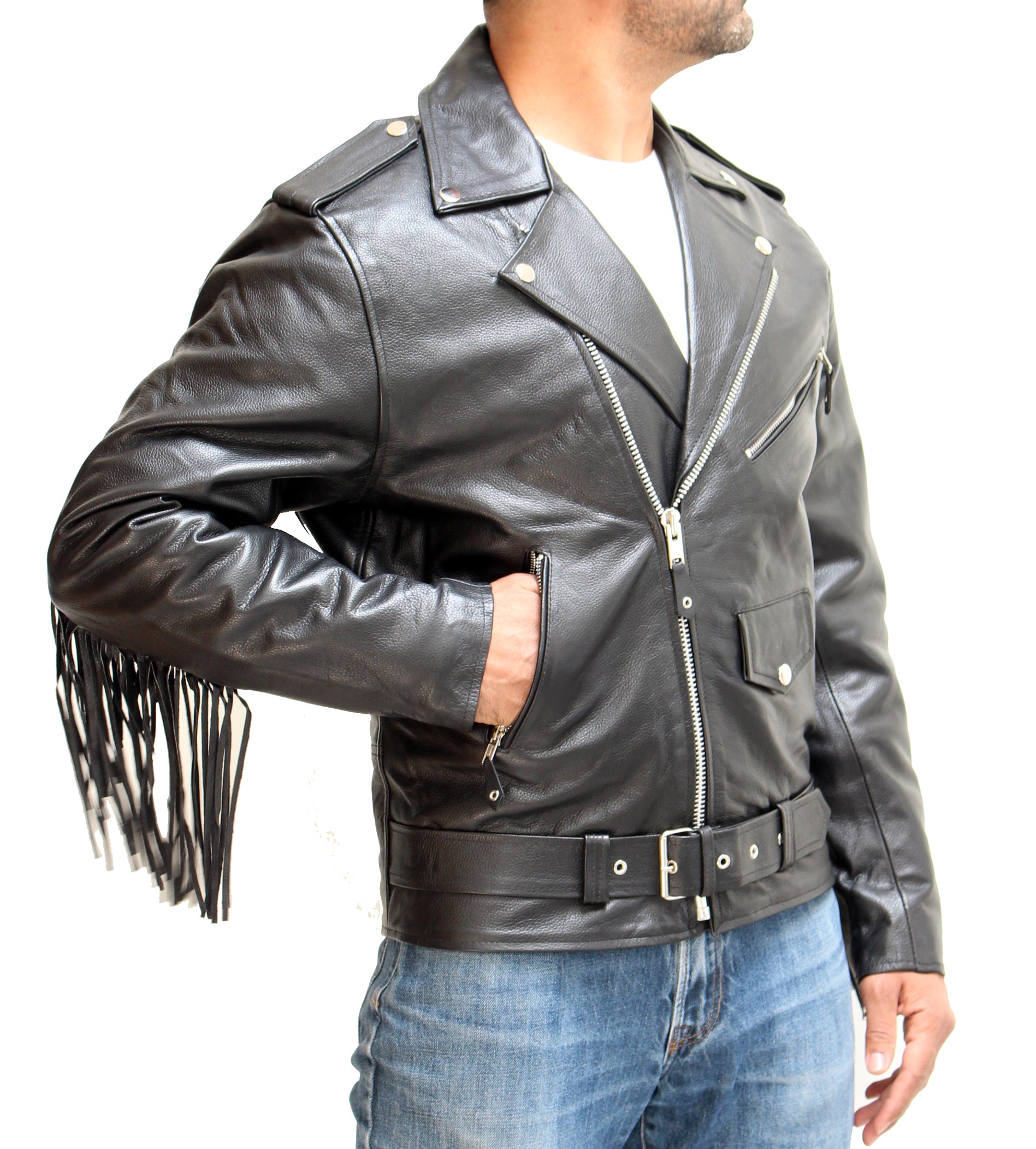 Men's Black Leather Fringe Trim Brando Biker Jacket - Thriller