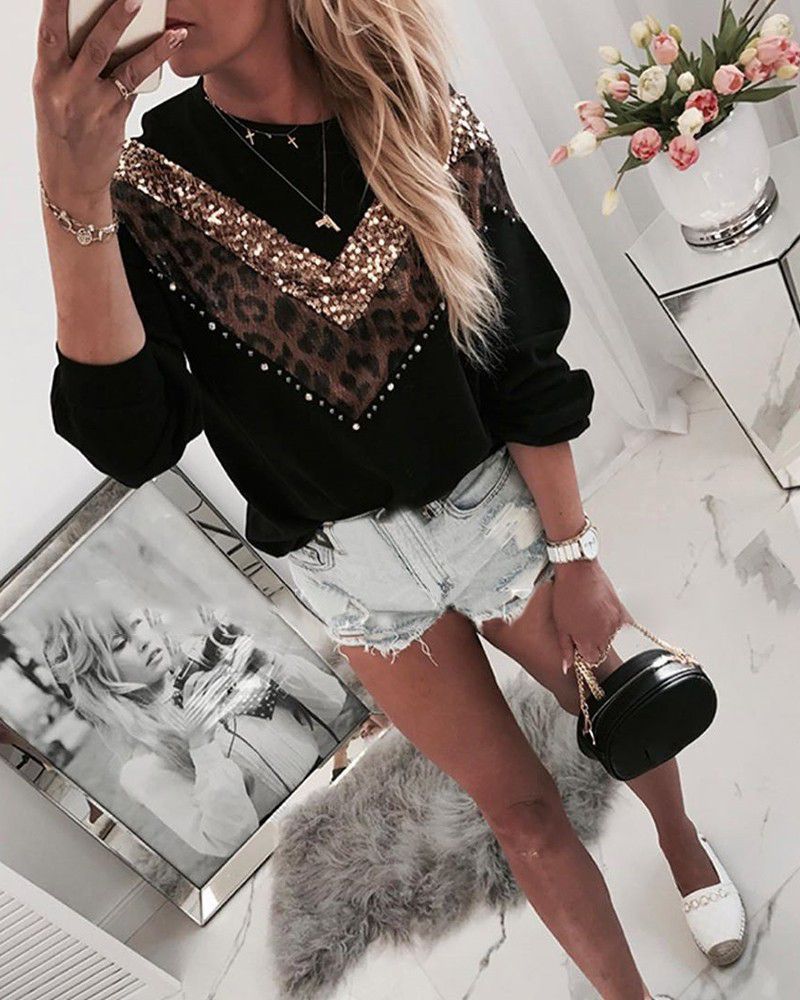 Sequined Leopard Panel Top