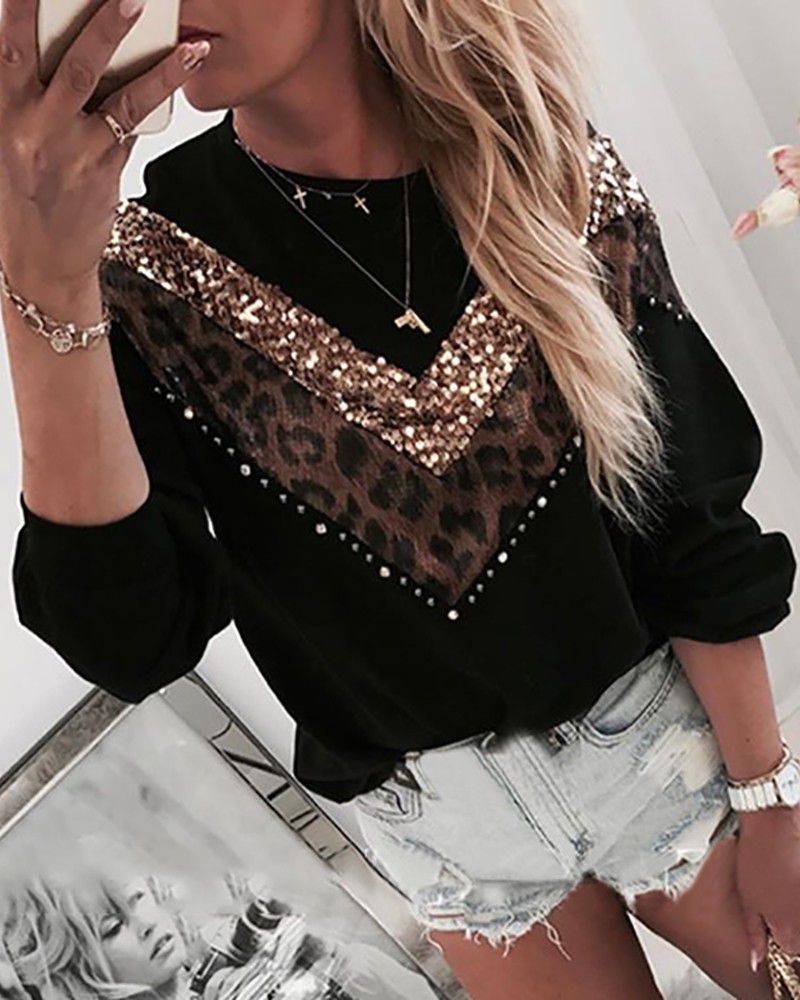Sequined Leopard Panel Top
