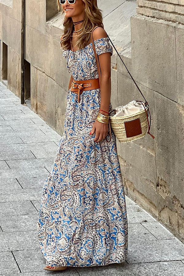 Gorgeous Melody Paisley Off Shoulder Smocked Waist Maxi Dress