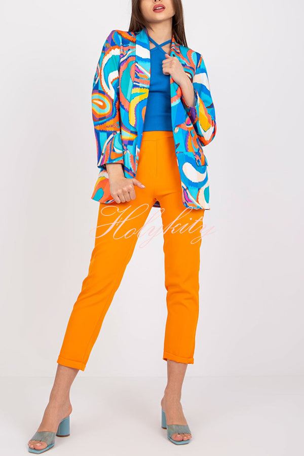 Multicolor Graphic Print Lapel Long Sleeve Blazer