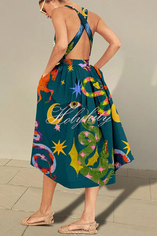 Fresh Summer Crossover Backless Pocketed Loose Midi Dress