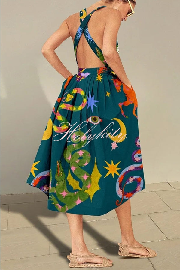 Fresh Summer Crossover Backless Pocketed Loose Midi Dress