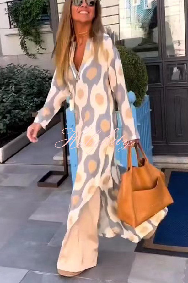 Morning Wishes Abstract Leopard Print Long Sleeve Shirt Maxi Dress