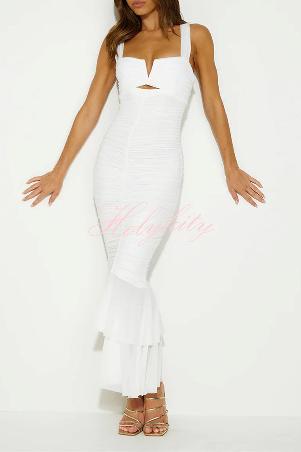 Solid Color High Waist Pleated Mermaid Dress