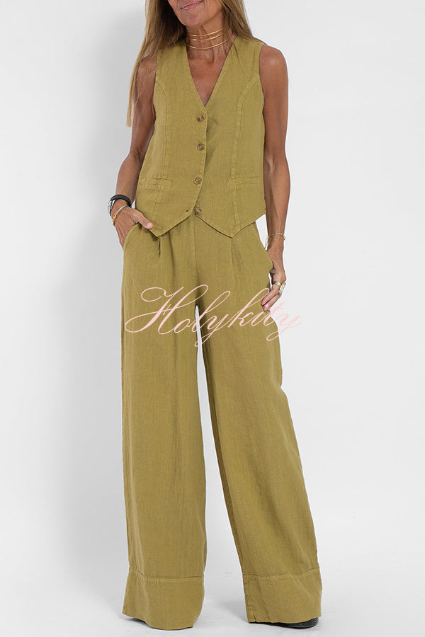 Eddie Linen Blend Button Vest and Elastic Waist Pocketed Wide Leg Pants Set