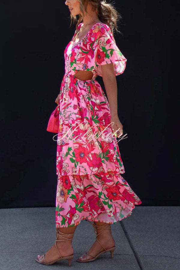 It's All Special Floral Cutout Waist Tiered Midi Dress