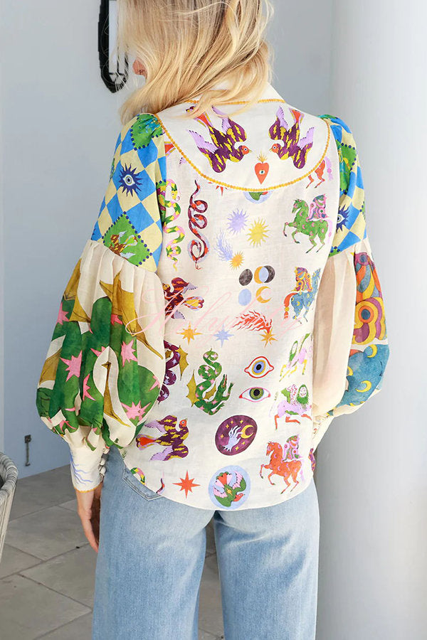 Love Frees Me Linen Blend Unique Print Balloon Sleeve Button Shirt