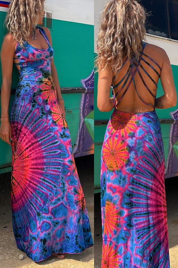 La Bamba Tie-dye Print Back Lace-up Stretch Maxi Dress