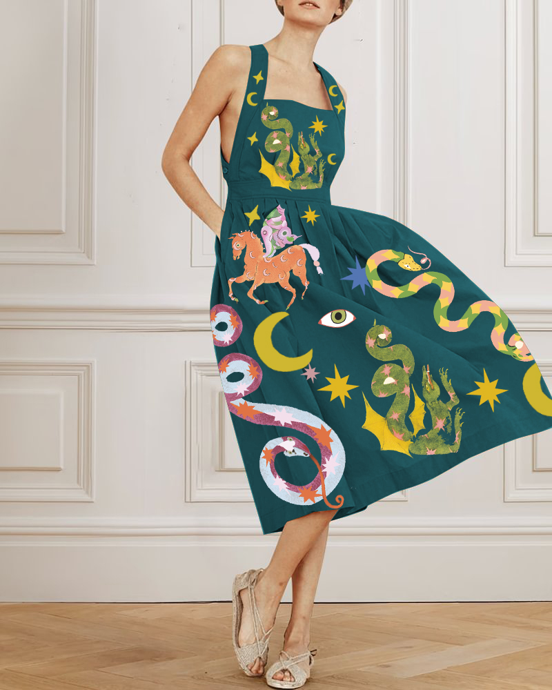 Fresh Summer Crossover Backless Pocketed Loose Midi Dress