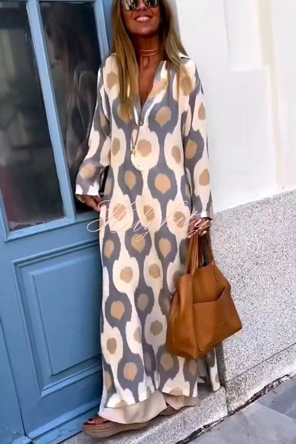 Morning Wishes Abstract Leopard Print Long Sleeve Shirt Maxi Dress