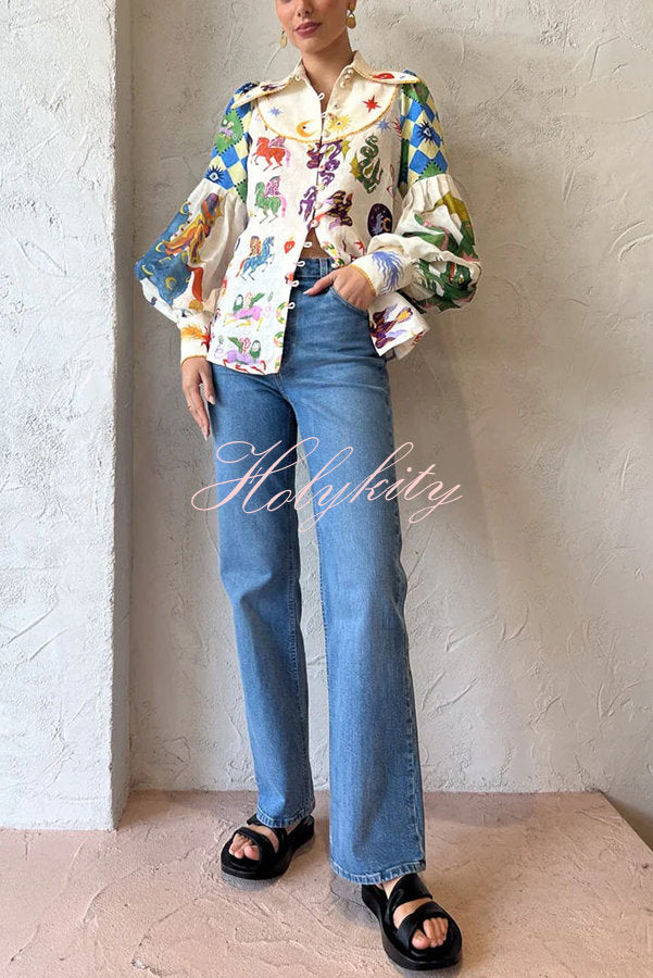 Love Frees Me Linen Blend Unique Print Balloon Sleeve Button Shirt