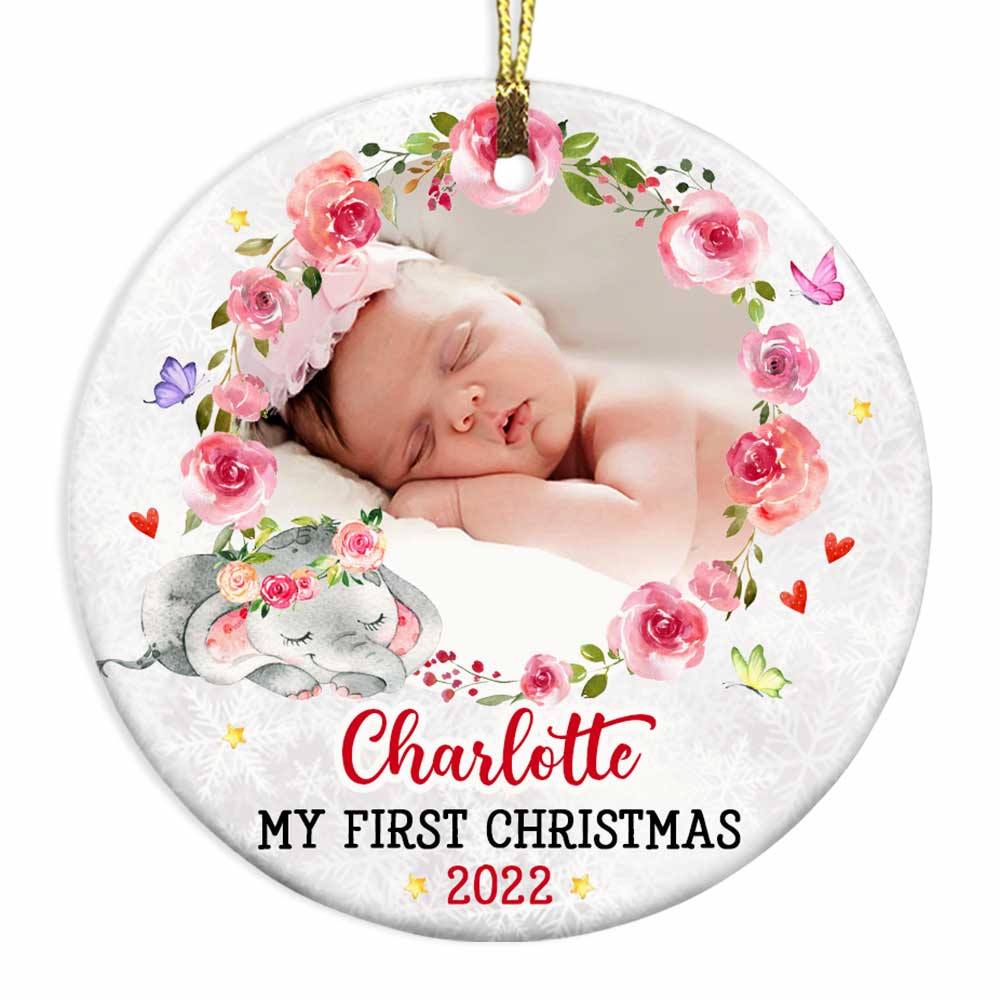 Personalized Baby's First Christmas Elephant Circle Ornament