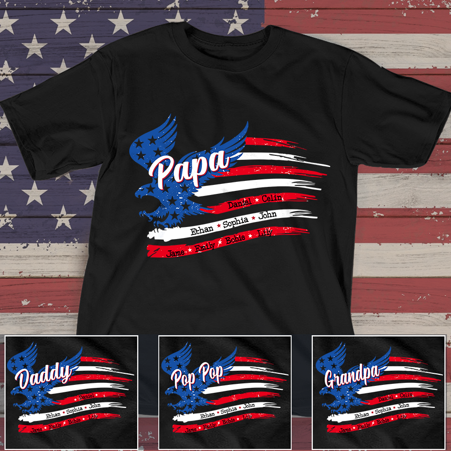 Papa with Grandkids Names 4th Of July -Personalized The independence Day T-Shirt