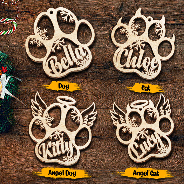 Happy Christmas With Fur Babies - Personalized Custom Paw Shaped Wood Christmas Ornament (Dog, Cat & Angel Wings) - Customized Decoration Gift.