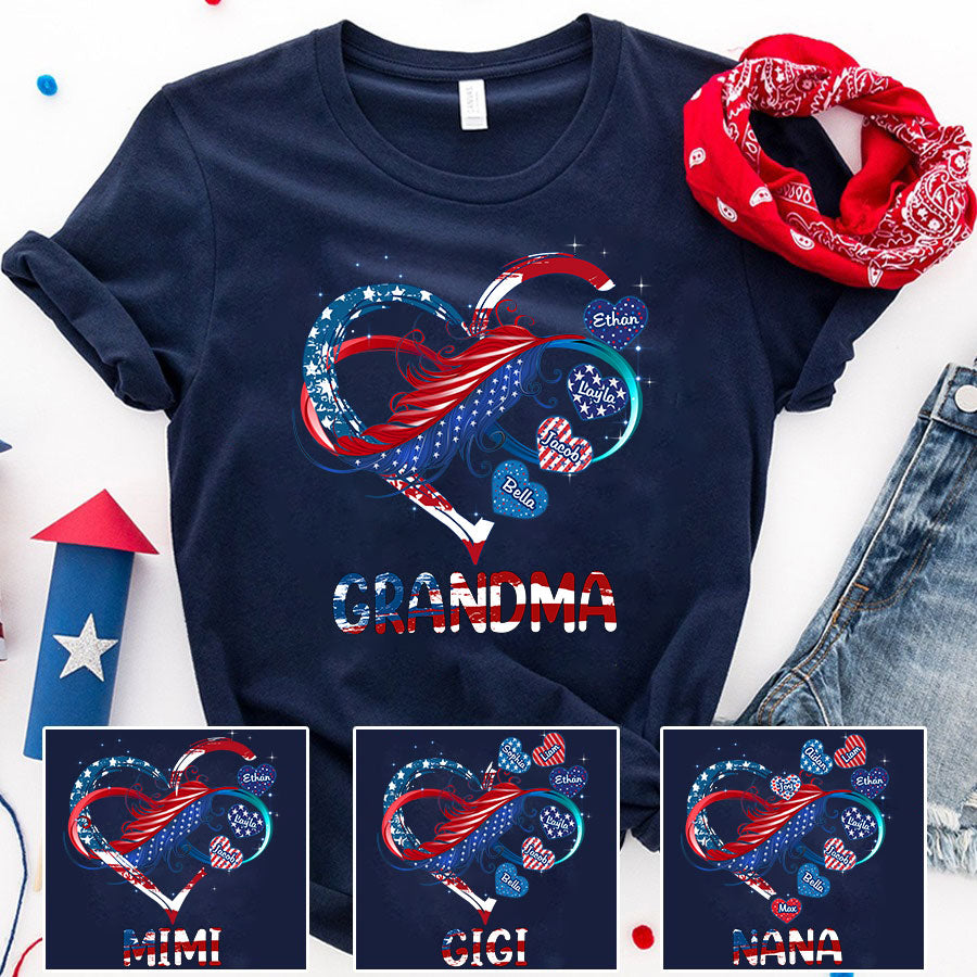 Grandma And Grandkids Hearts American Flag T-Shirt