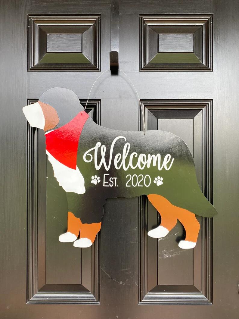 Personalized customizable Bernese Mountain dog door hanger, handmade wooden dog door sign, wooden dog door sign