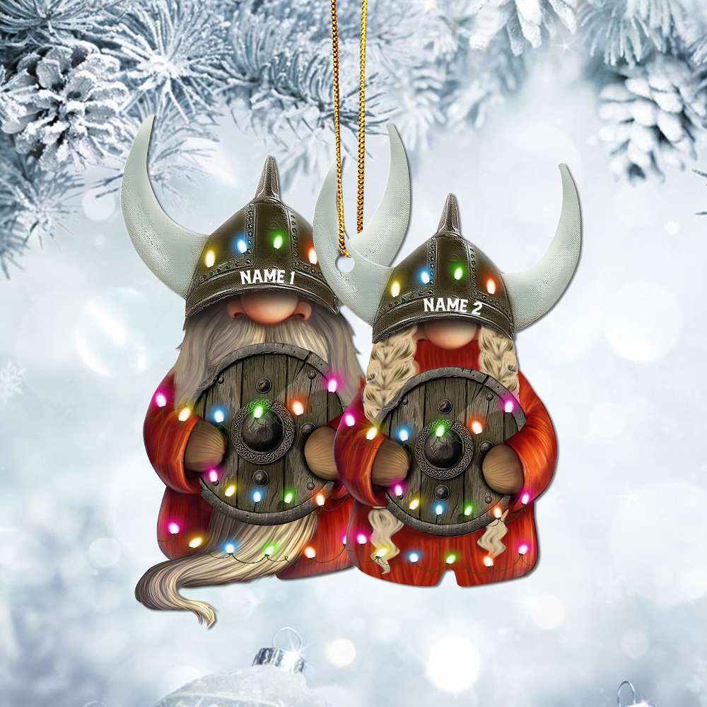 Viking Gnome Couple With Printed Christmas Light - Personalized Christmas Ornament - Gift For Couples