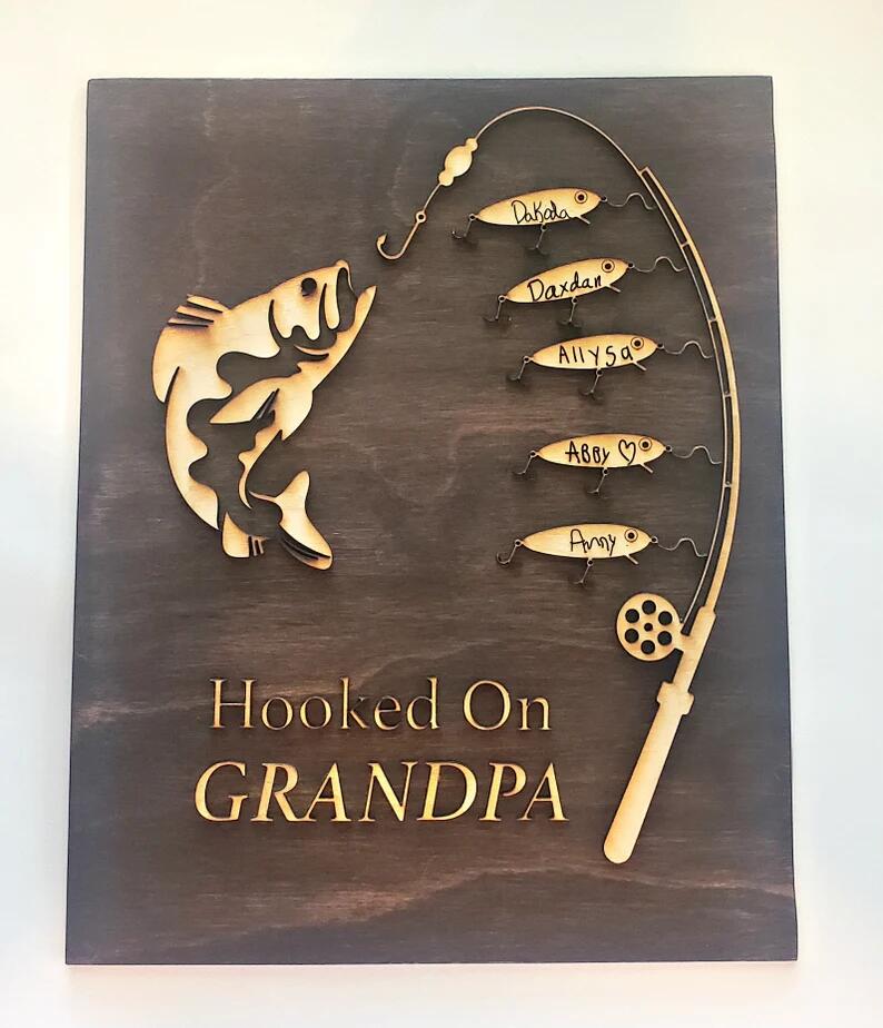 Hooked on Grandpa Papa Dad  Father's Day  Sign Personalized Customized Fishing Trip Gift For Him 1-5 Names
