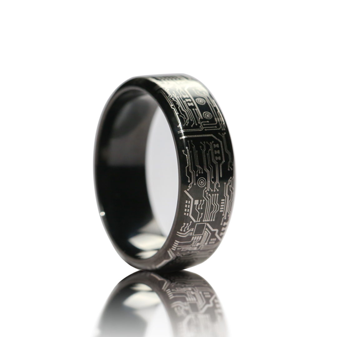 Black Circuit Board Ring, 8mm Titanium Band, Computer Gamer Geek Wedding Anniversary Gift Band Ring