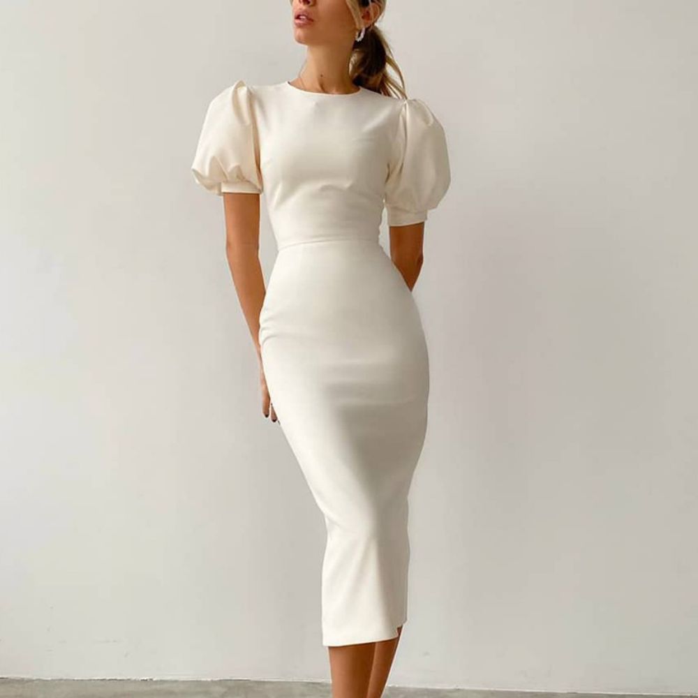Puff Sleeves Ivory White Elegant Cocktail Dress Midi Dress