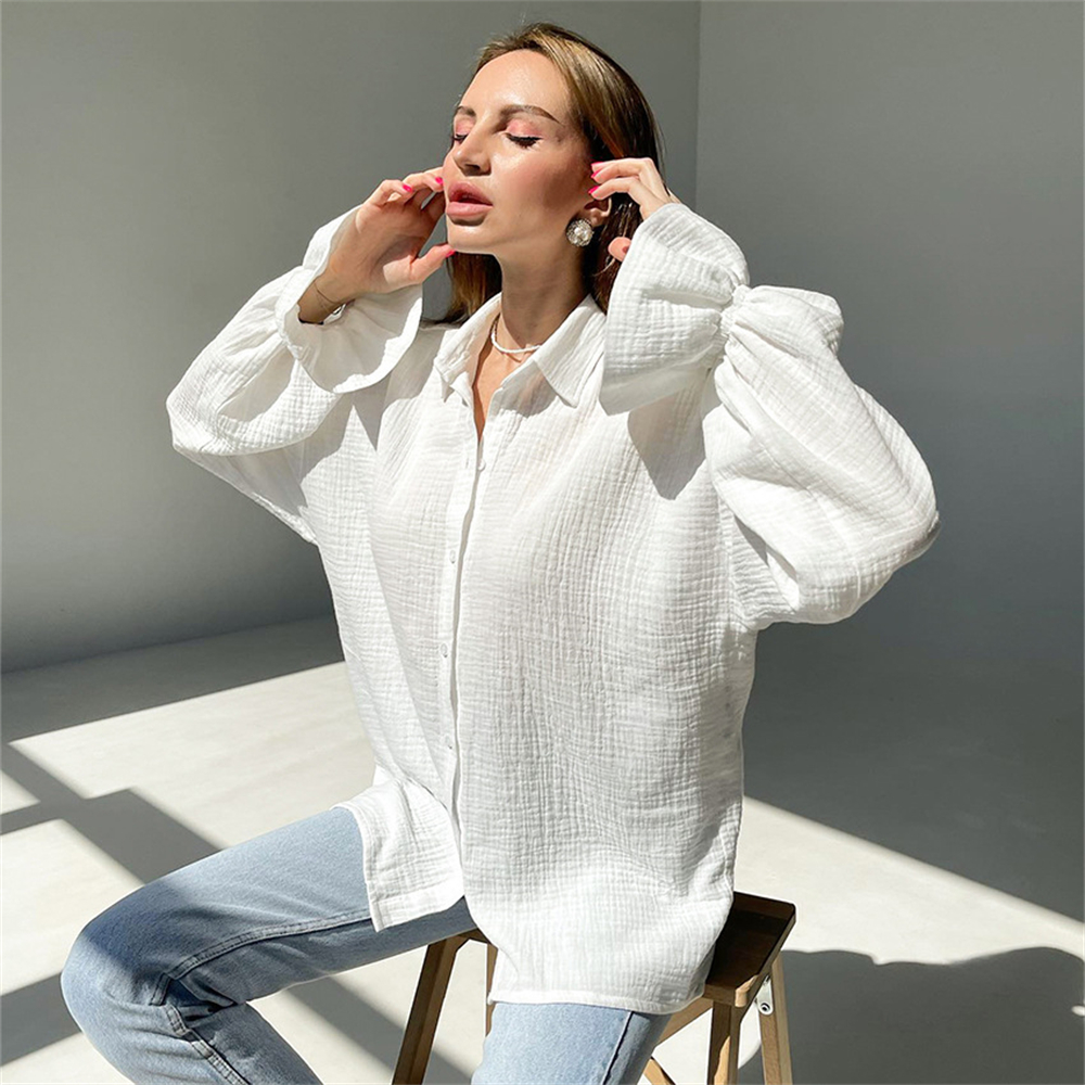 Flared Sleeve Textured Cotton White Shirt 