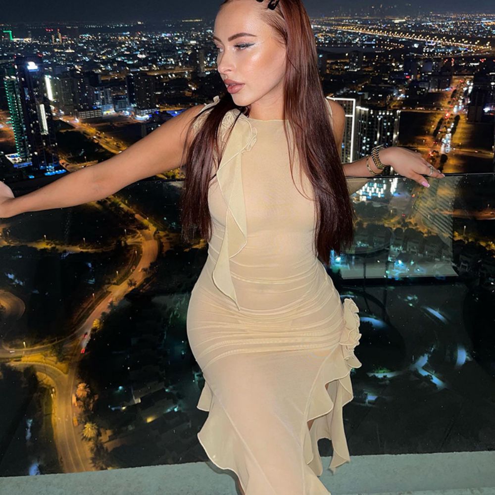 3D Flower See Through Sexy Transparent Dress Mini Mesh Dress 