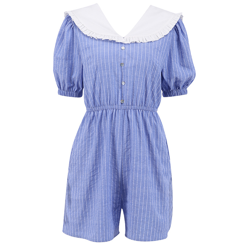 Blue Stripes White Collar Cotton Rompers Play Suits