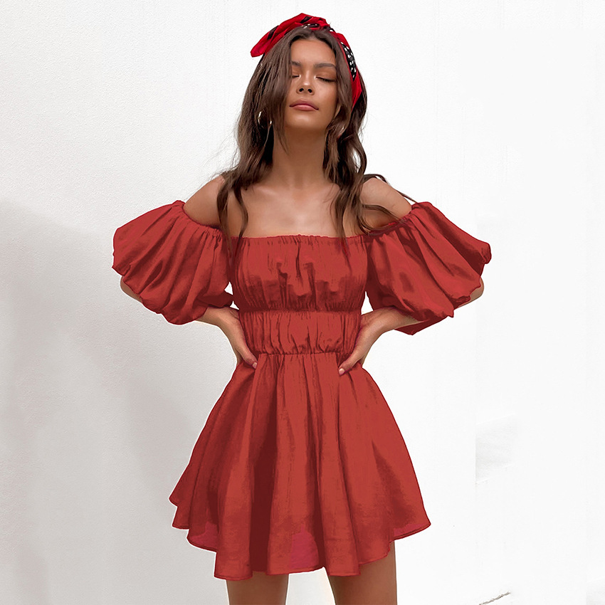 Red Lantern Sleeve Off Shoulder Cotton Dress