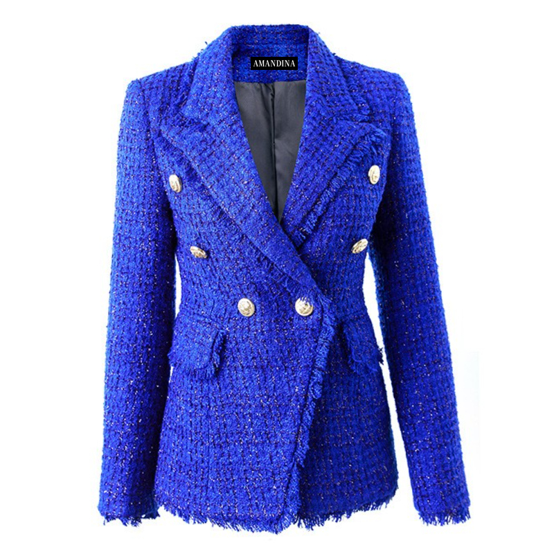 Blue Tweed Tassel Trimmed Double-breasted Silver-tone Buttons Blazer Jacket