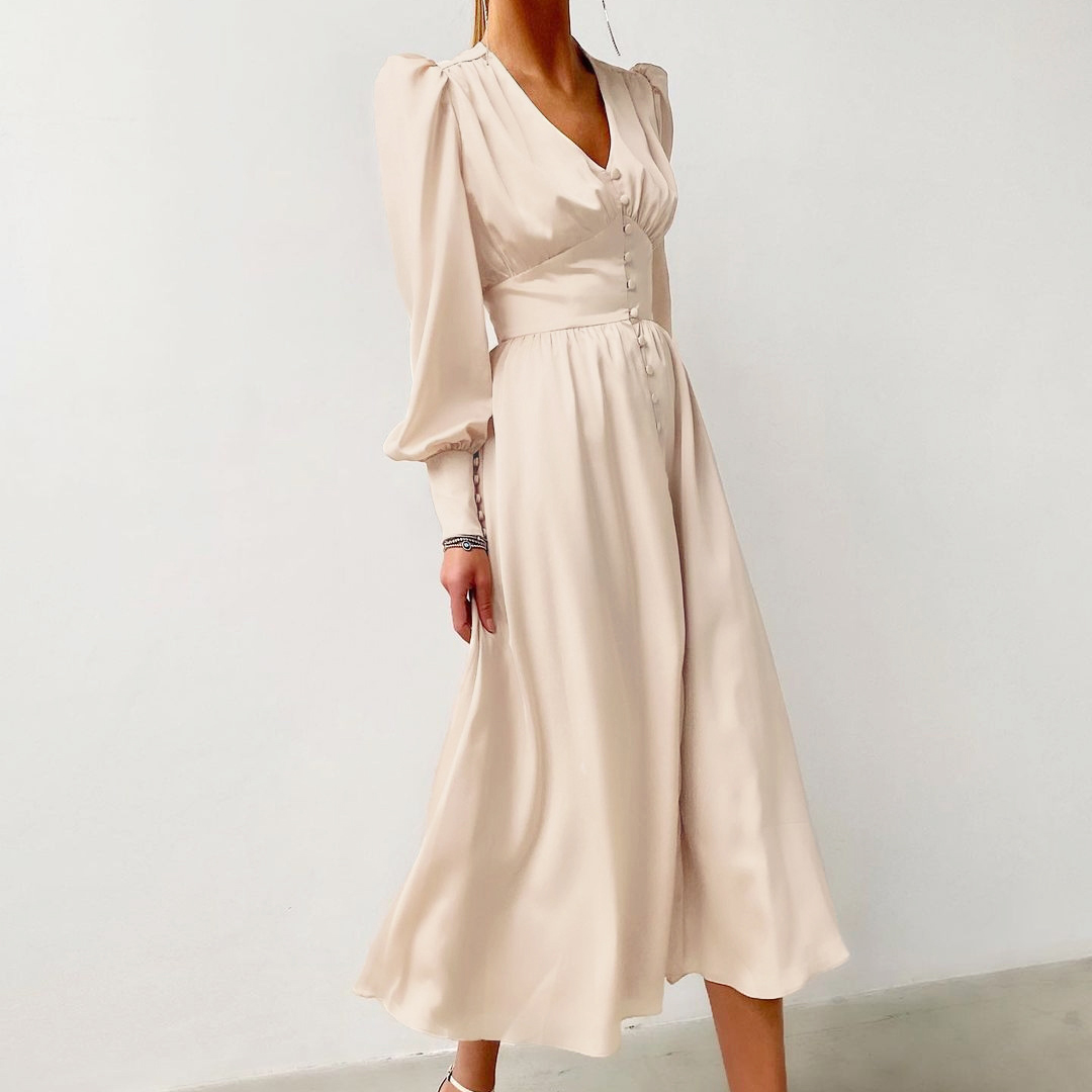 French Vintage Style Buttons Long Sleeve Satin Dress Midi Dress