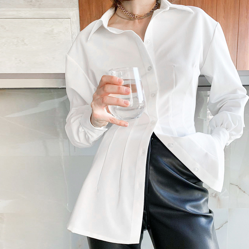 Fitted Waist Long Sleeve Button-up Plain White Shirt 