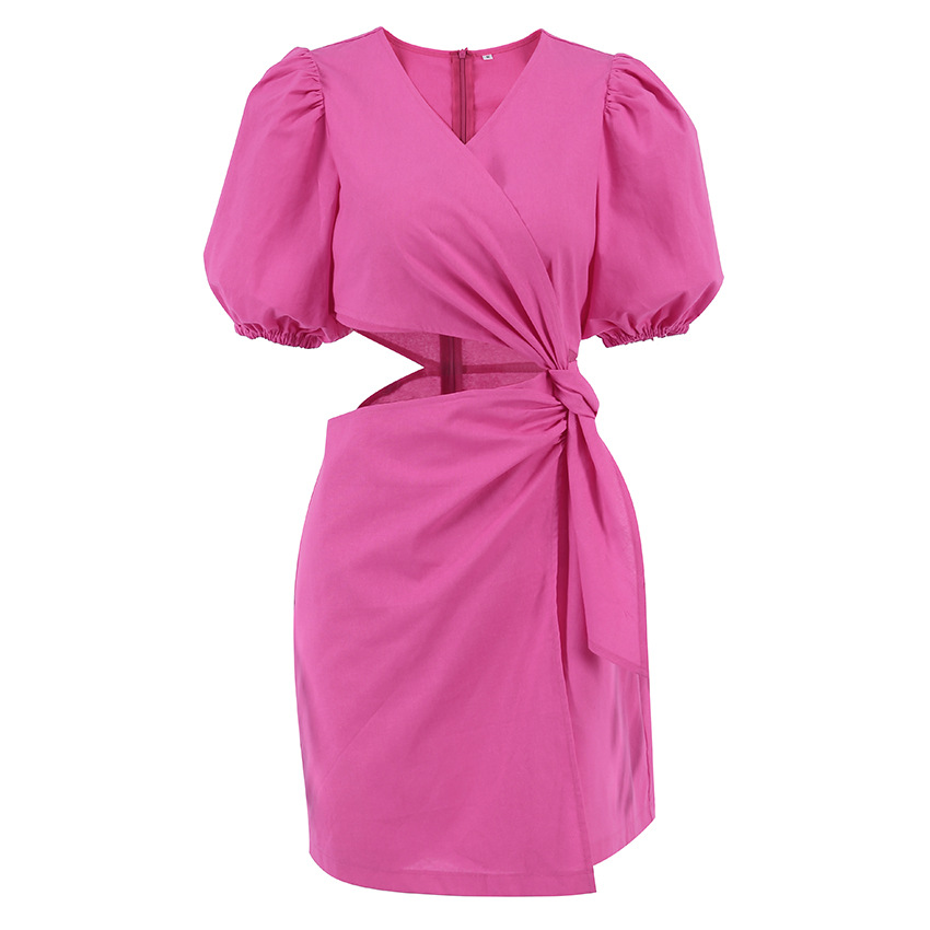 Waist Hollow-Out Short Sleeves Pink Cotton Dress