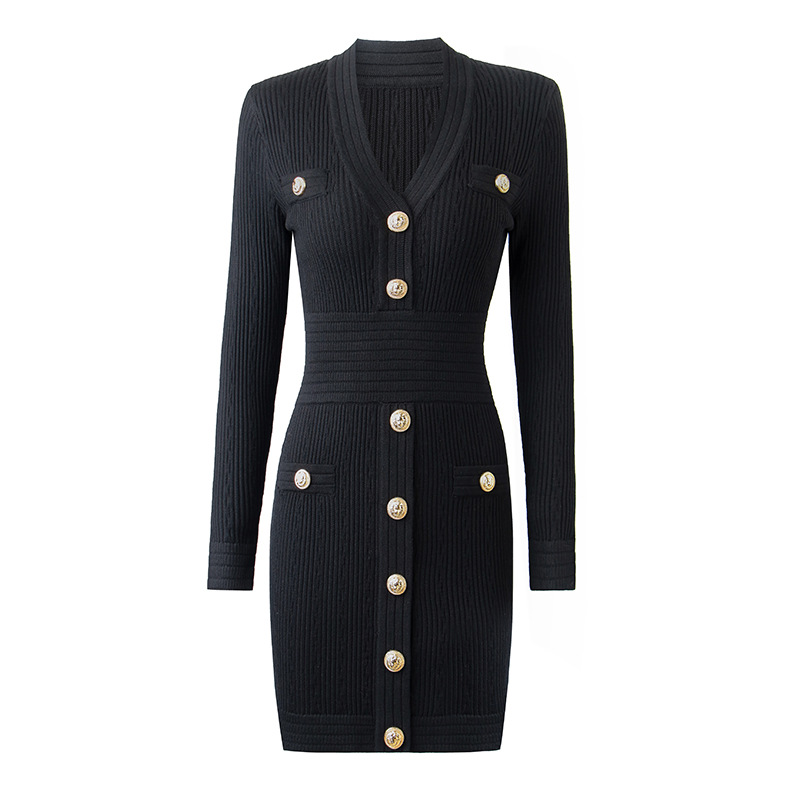 Black V-neck Long Sleeve Gold-tone Buttons  Sweater Dress Cardigan Dress