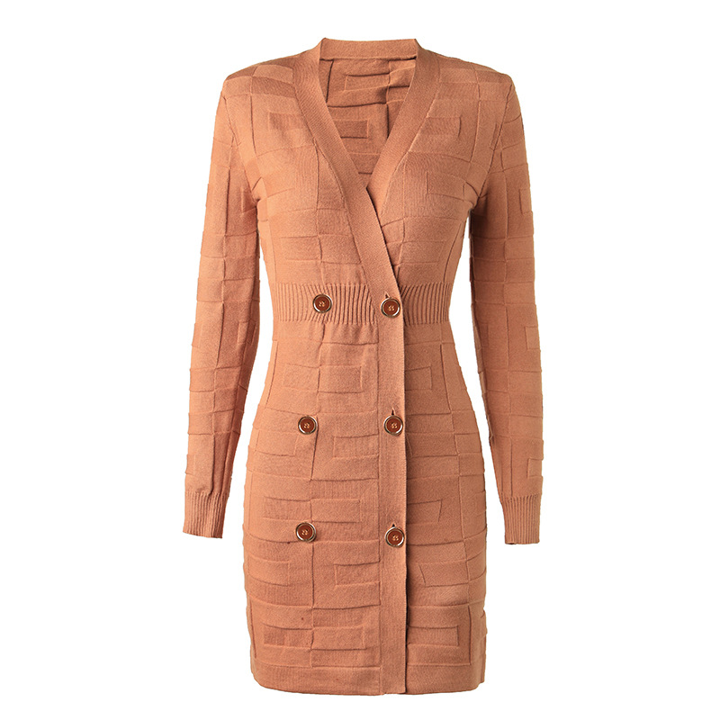 Brown Block Pattern V-Neck Slim Fit Cardigan Knit Dress