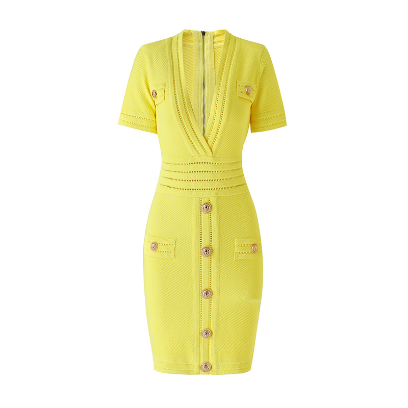 Short Sleeve V-Neck Gold Tone Buttons Knit Dress 