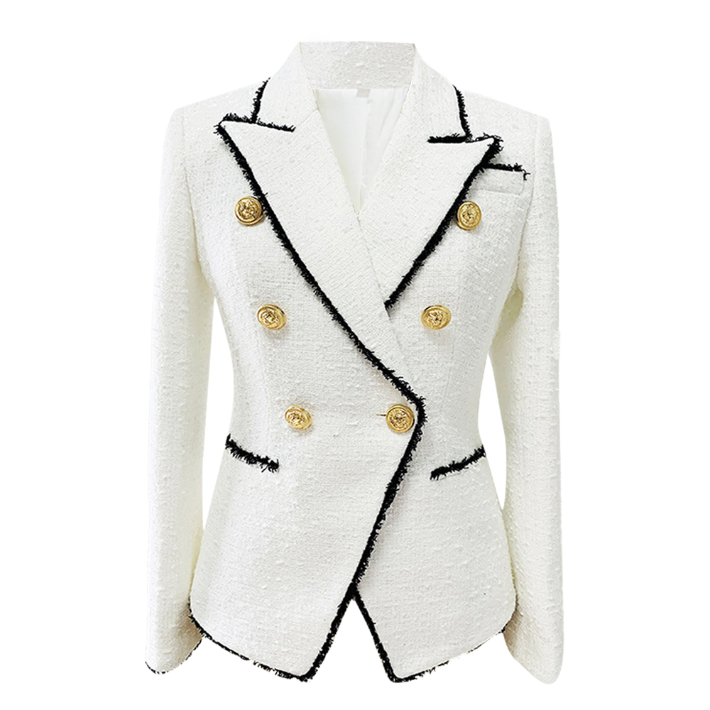 White Tweed Black Trimmed Double-breasted Golden-tone Buttons Blazer Jacket