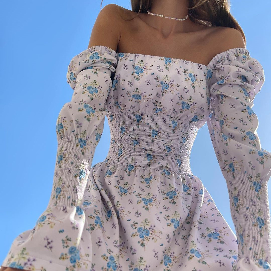 Floral Printed Puffed Long Sleeve Dress