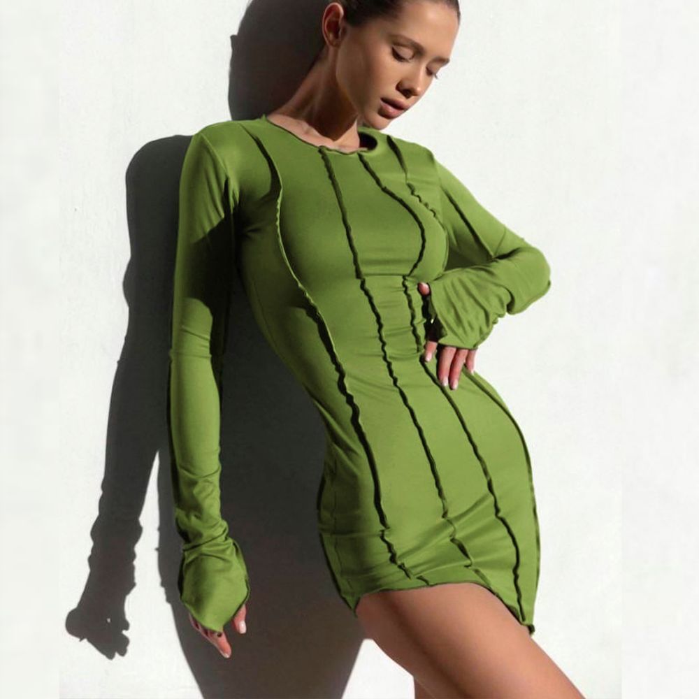 Amandina Luxe Long Sleeve Top-stitching Bodycon Dress Mini Dress