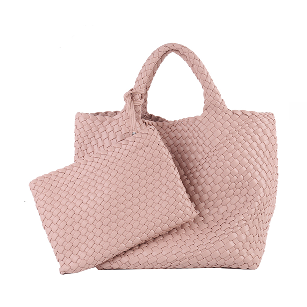 Large capacity 2 Piece Set Vegan Leather Woven Tote Hand Bag 