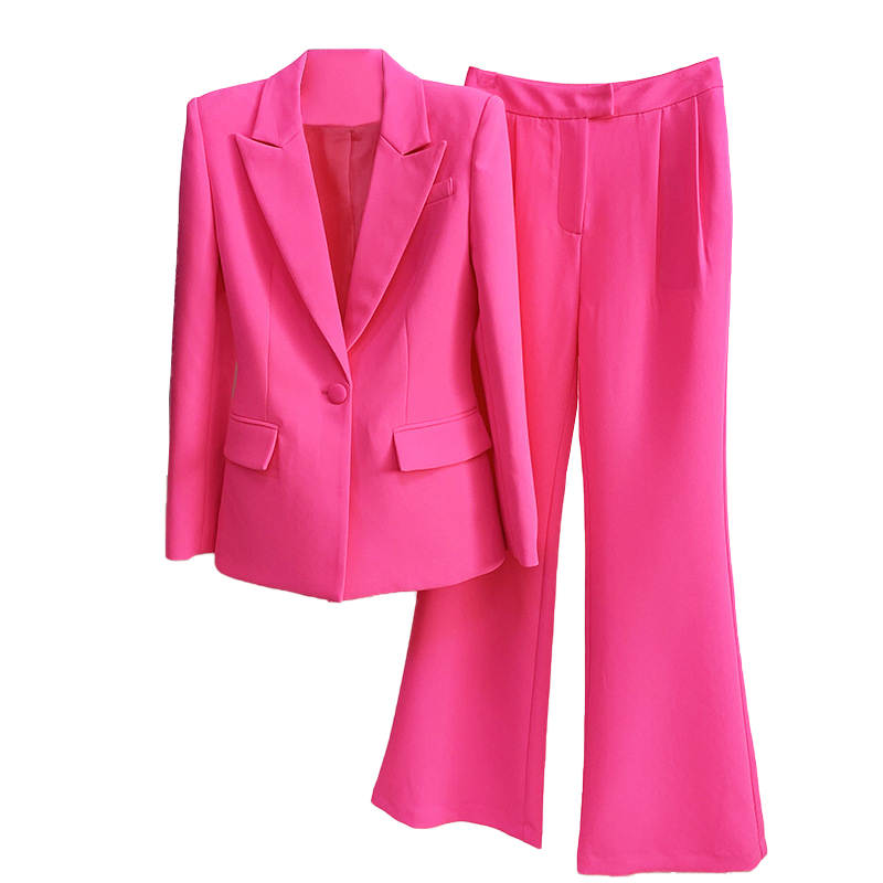 Fuchsia Single Button Blazer Jacket Wide Leg Pants Suit