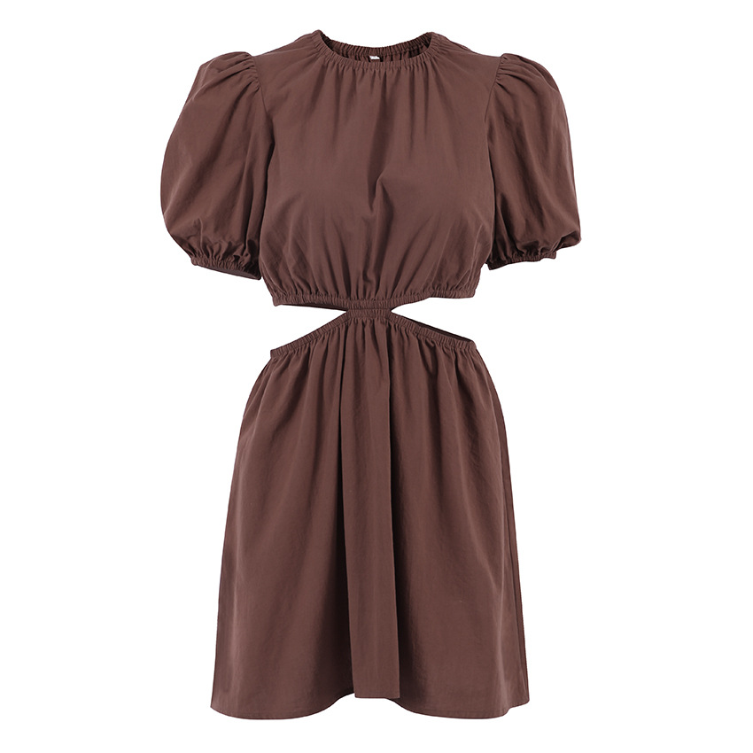 Brown Short Sleeves Waist Hollow-Out Summer Cotton Dress