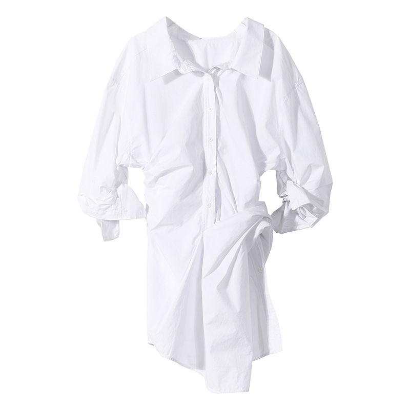 Asymmetry Ruched Cotton Shirt Dress