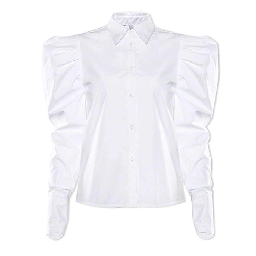 Puff Sleeve Blouse Top Turn-down Collar Button-up White Shirt 