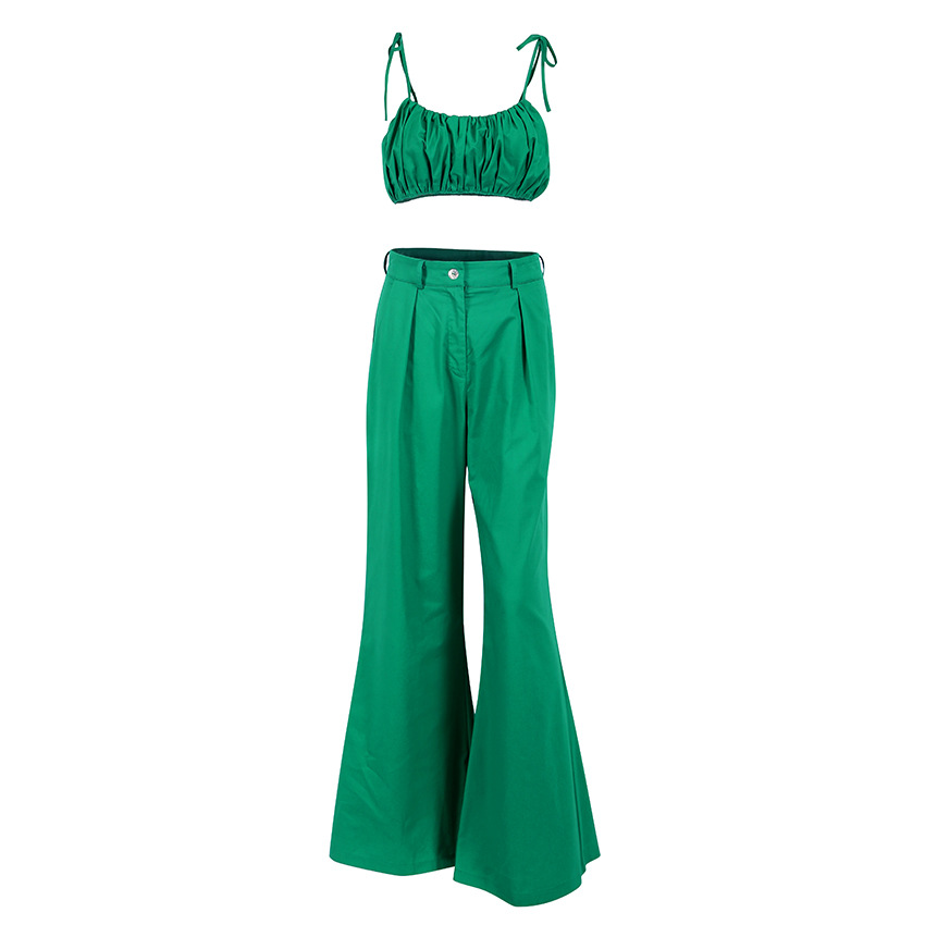 Green Two Piece Set Outfit Cotton Bra Top Wide Leg Long Pants Set