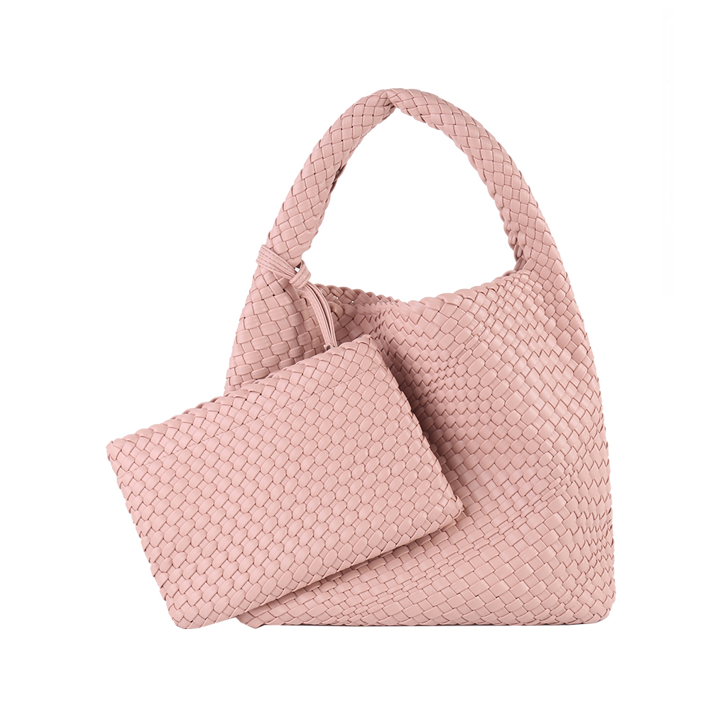 2 Piece Set Vegan Leather Woven Tote Hand Bag 