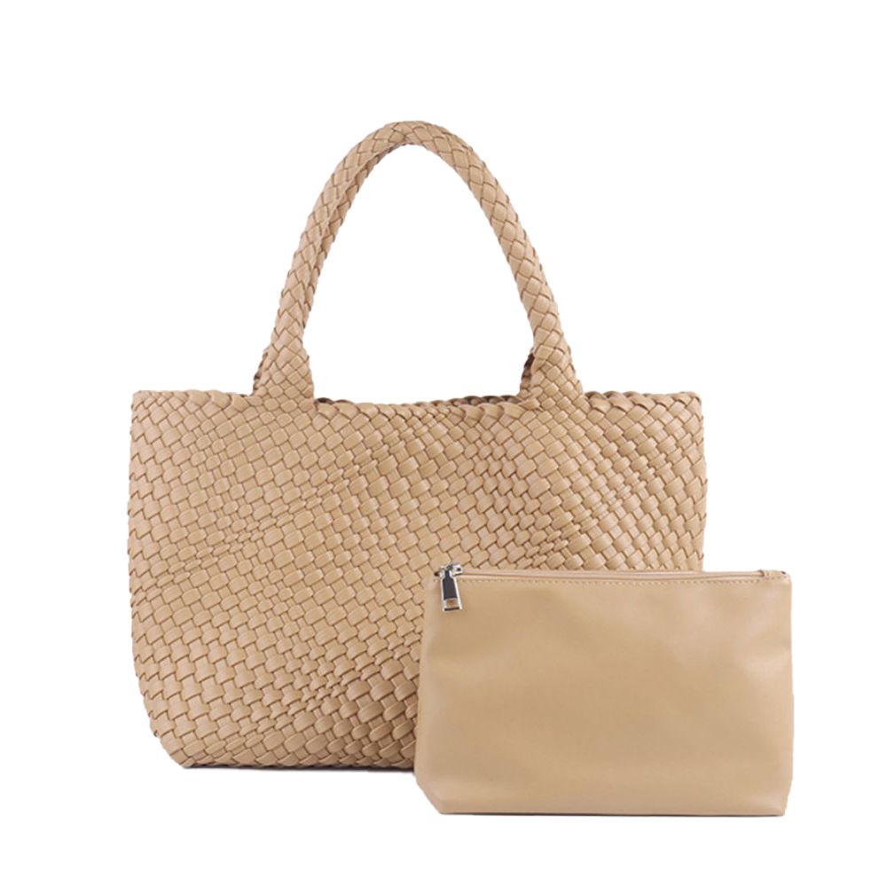 Two Piece Set Large Capacity Vegan Leather Woven Tote Hand Bag 