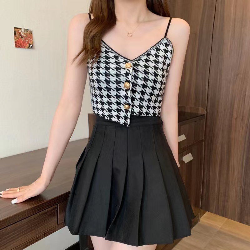 Houndstooth Pattern Sleeveless Knit Top Cami Top