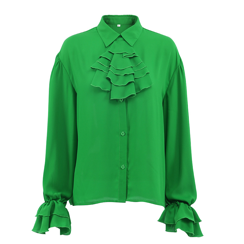 Green Collared Bow Tie Ruffled Cuffs Button-up Chiffon Shirt Blouse